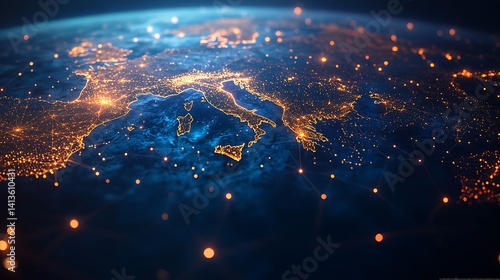 Fototapeta Naklejka Na Ścianę i Meble -  Glowing World Map with Illuminated Cities, A glowing world map with illuminated cities on a dark background