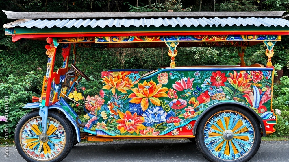 Naklejka premium Colorful hand-painted vehicle decorated with vibrant floral patterns