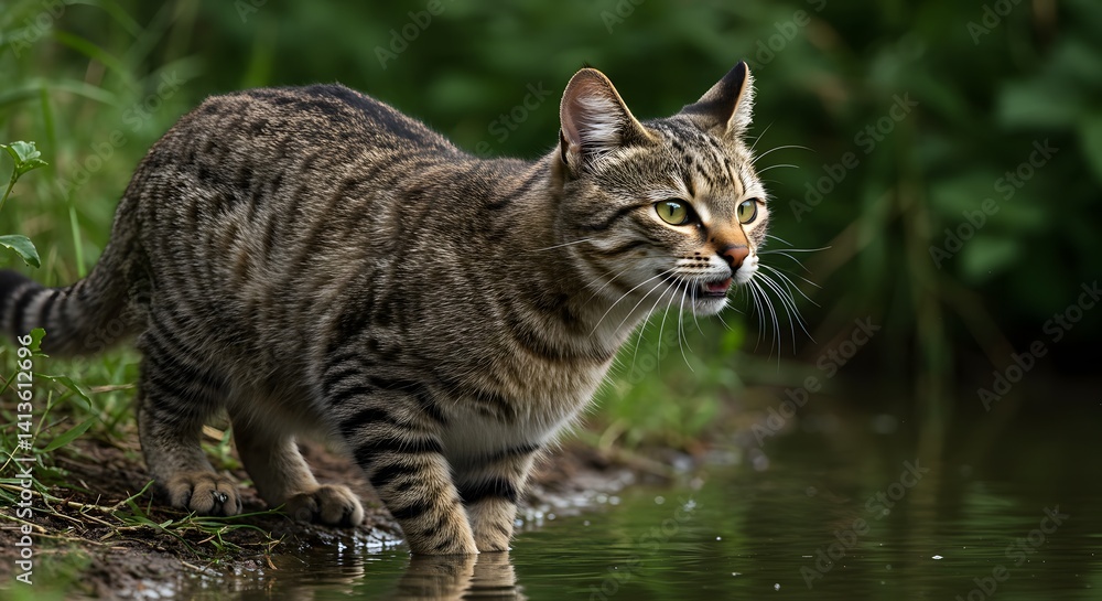 Cat Drinking Water From Pond in Nature Environment Cat Drinking Water From Pond in Nature Environment