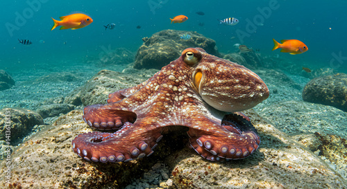 An octopus camouflaged against a rock bed, its skin changing texture and color as fish swim past in the background