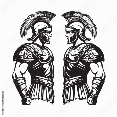 Two Roman Gladiators Standing Face to Face in Arena Ready for a Fierce Duel image vector.