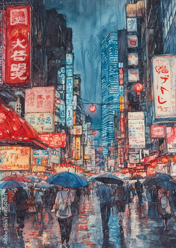 Wallpaper Mural A watercolor painting depicting a bustling Asian city street at night, with people carrying umbrellas in the rain, illuminated by neon signs. Torontodigital.ca