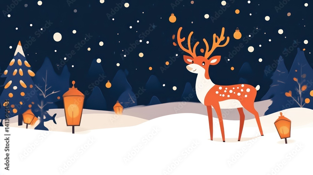 Winter Wonderland with Festive Deer and Lanterns in a Snowy Landscape Winter Wonderland with Festive Deer and Lanterns in a Snowy Landscape