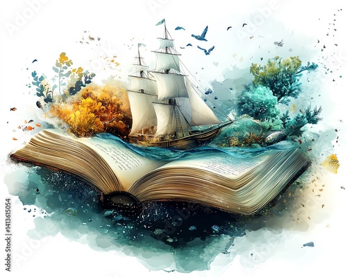 Obraz na płótnie Artistic illustration of an open book with a sailing ship and sea life, representing the magical world of adventure and the endless possibilities within books w salonie