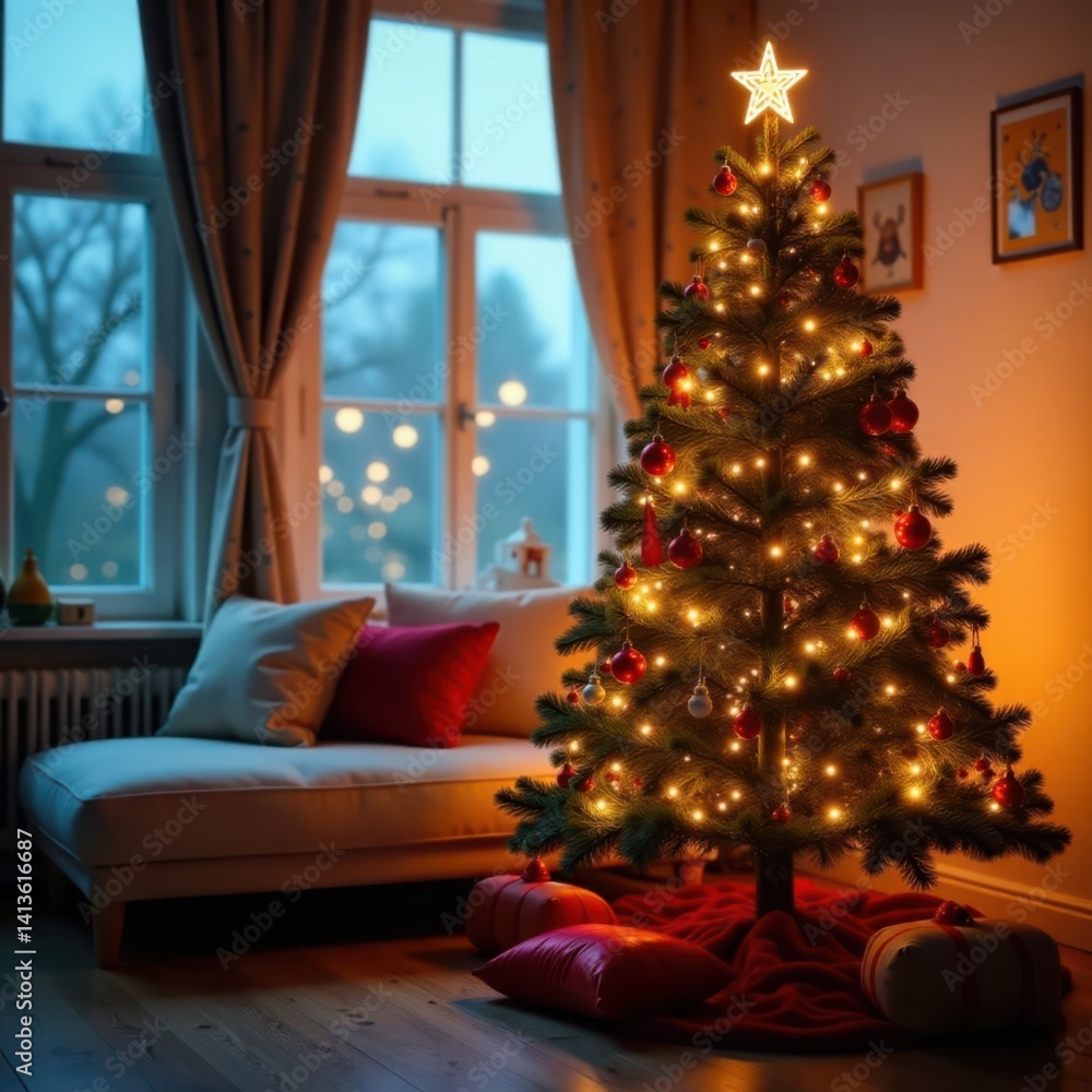 Christmas tree decorated with fairy lights and ornaments in a cozy living room, interior, decor Christmas tree decorated with fairy lights and ornaments in a cozy living room, interior, decor