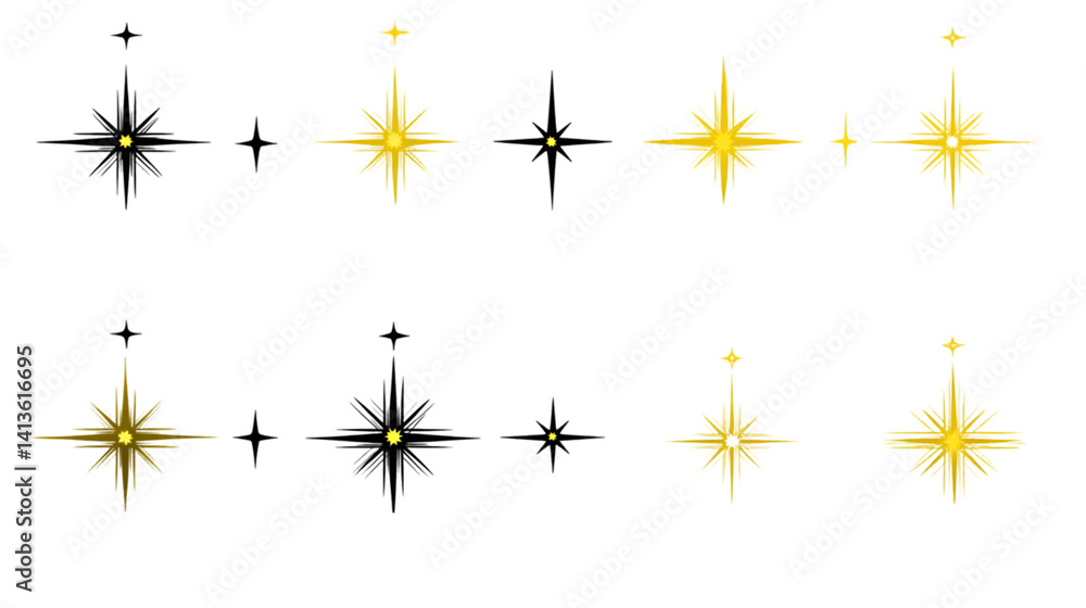 Abstract Isolated Sparkling Star Graphics with Golden Yellow Colors on Black Background Abstract Isolated Sparkling Star Graphics with Golden Yellow Colors on Black Background