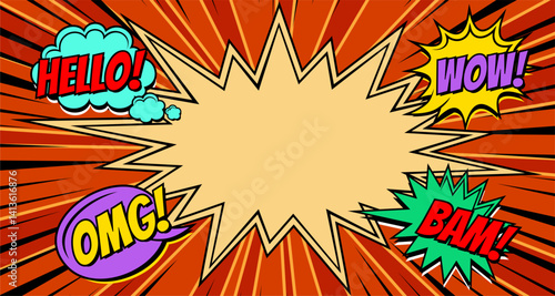 Comic book-style vector illustration featuring colorful dialogue bubbles with text such as WOW,OMG,BAM and HELLO on a vibrant background