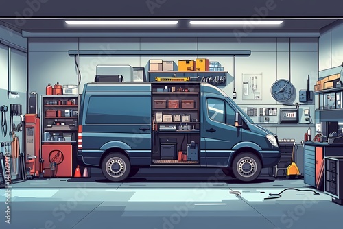 Modern Blue Van Garage Workshop: Organized Automotive Repair Space with Tools and Storage Solutions