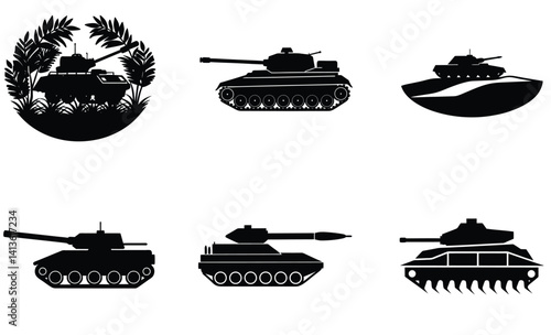 Military Tank Silhouette Vector Set with Marine and War Transport Elements