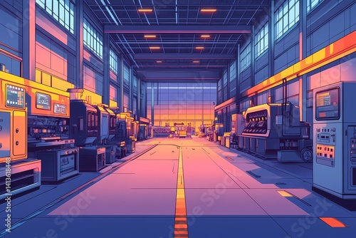 Modern Industrial Warehouse: Futuristic Manufacturing Technology with Automation and Machinery in a Clean and Organized Workspace Using Intelligent Systems and Neon Lighting