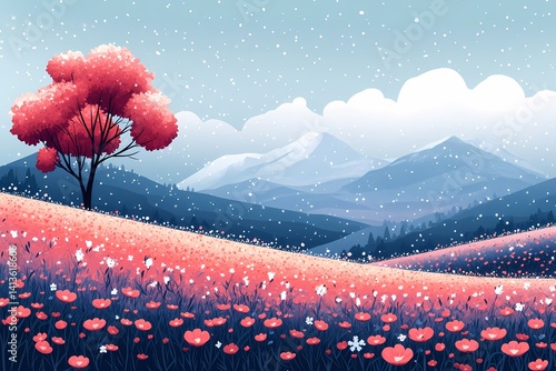 Vibrant Spring Landscape Illustration: Whimsical Nature-Inspired Artwork with Colorful Flowers and Snow-Capped Mountains