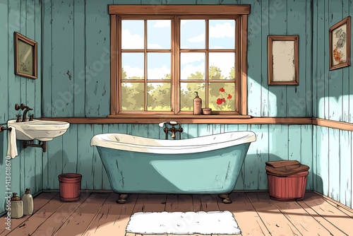 Rustic Vintage Bathroom Decor with Wooden Tub and Natural Light: A Cozy, Inviting Oasis in Warm Tones