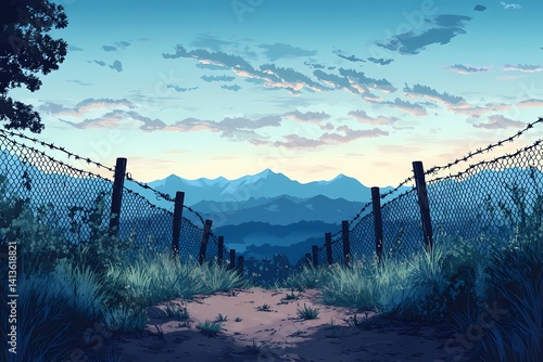 Scenic Mountain Landscape with Vibrant Sky and Sunrise: Tranquil Pathway in Serene Countryside