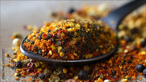 Shichimi togarashi mix in spoon spice blend detail