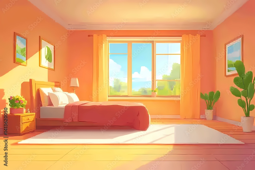 Fototapeta premium Cozy Modern Bedroom Interior with Warm Orange Accents: Embrace Peaceful Sunlit Style & Nature Views