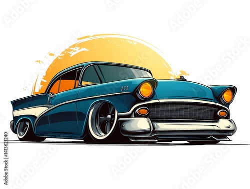 Classic American Car in Vibrant Colors - Retro Auto Meets Street Style with Custom Wheels and a Colorful Sunset Backdrop