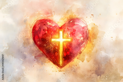 Glowing red sacred heart with bright cross inside, inspirational Christian abstract watercolor artwork for faith and hope