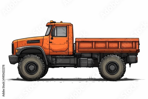 Colorful Cartoon Illustration of an Orange Heavy-Duty Construction Dump Truck: Front-View Off-Road Vehicle for Logistical and Industrial Services