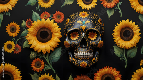 A vibrant black sugar skull adorned with a bright, golden sunflower

