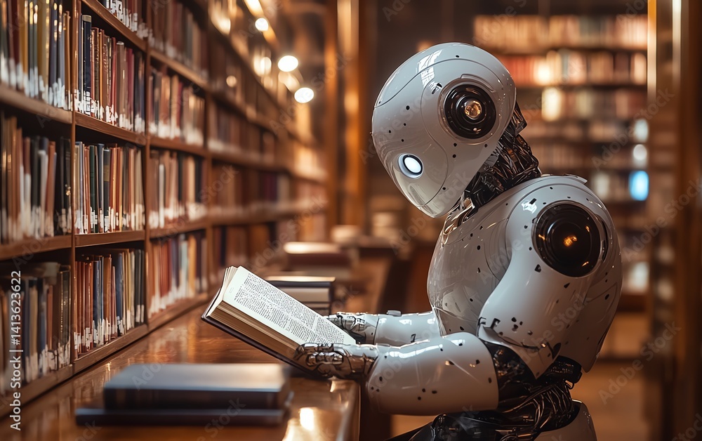 AI robot engrossed in reading a book in a techforward library, blending machine learning, artificial intelligence, and the future of humanlike learning and innovation