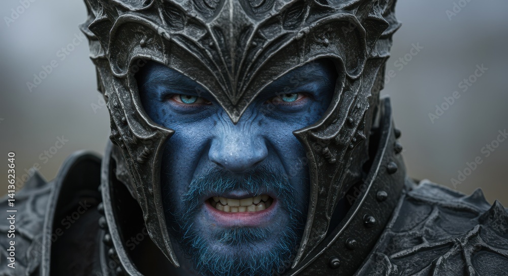 Naklejka premium Close-up of a person in an elaborate fantasy costume with blue face paint and ornate helmet