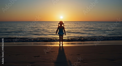 Girl Walking on Beach at Sunset, Silhouette of Child on Shore