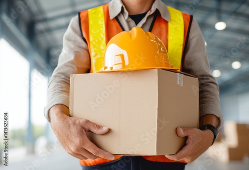 Close Up Shot of Shipping Engineer Holding Cardboard Box and Safety Helmet in Warehouse