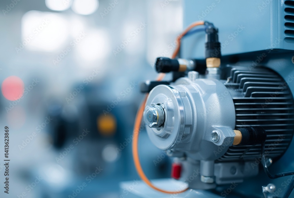 Close-Up View of Industrial Air Compressor with Hoses in Modern Workspace Setting