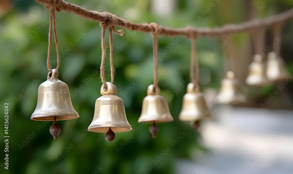 Obraz premium A string of brass bells rang softly in the wind, Generative AI