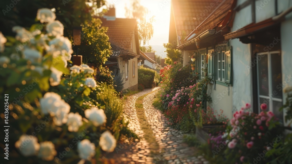Fototapeta premium Sunlight streams down a charming, cobblestone alleyway lined with flowers.