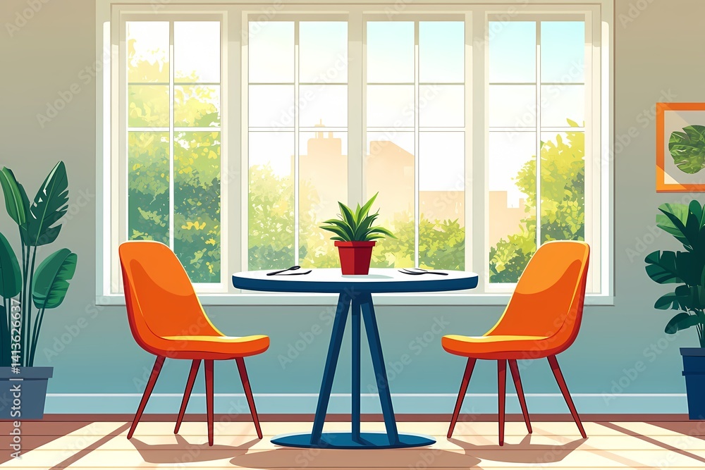 Fototapeta premium Elegant Dining Area with Modern Interior: Bright Decor & Indoor Plants for a Cozy Space