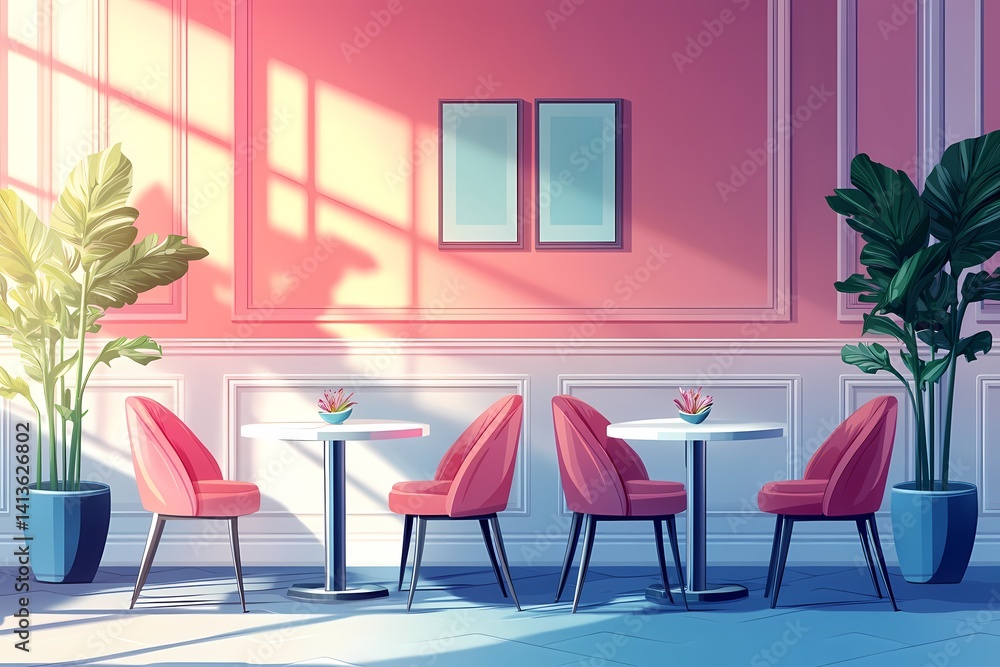 Fototapeta premium Modern Cafe Interior Design: Cozy and Artistic Space with Pink Walls, Stylish Seating, and Vibrant Decor in Urban Setting