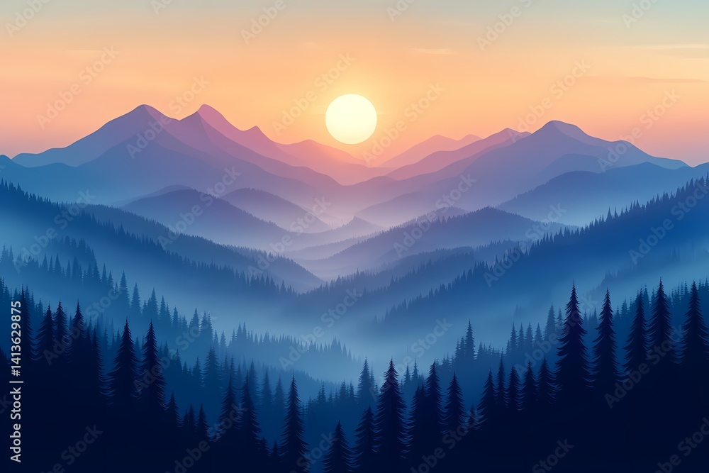 Obraz premium Breathtaking Mountain Sunrise Landscape: Majestic Nature Views with Pine Forest Tranquility