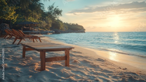Tropical beach sunset, wooden table, lounge chairs