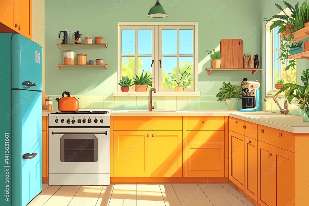 Fototapeta premium Modern Vibrant Kitchen Interior Design with Colorful Decor and Sunlit Elegance