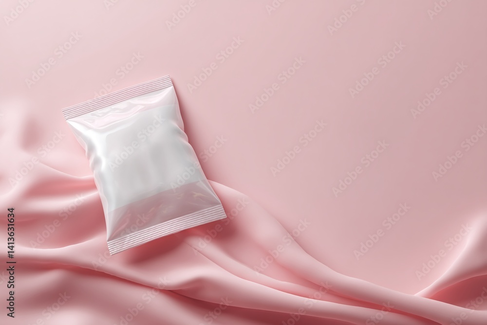 Fototapeta premium Packaging of a white powder product resting on soft pink satin fabric in a minimalistic setting during daylight