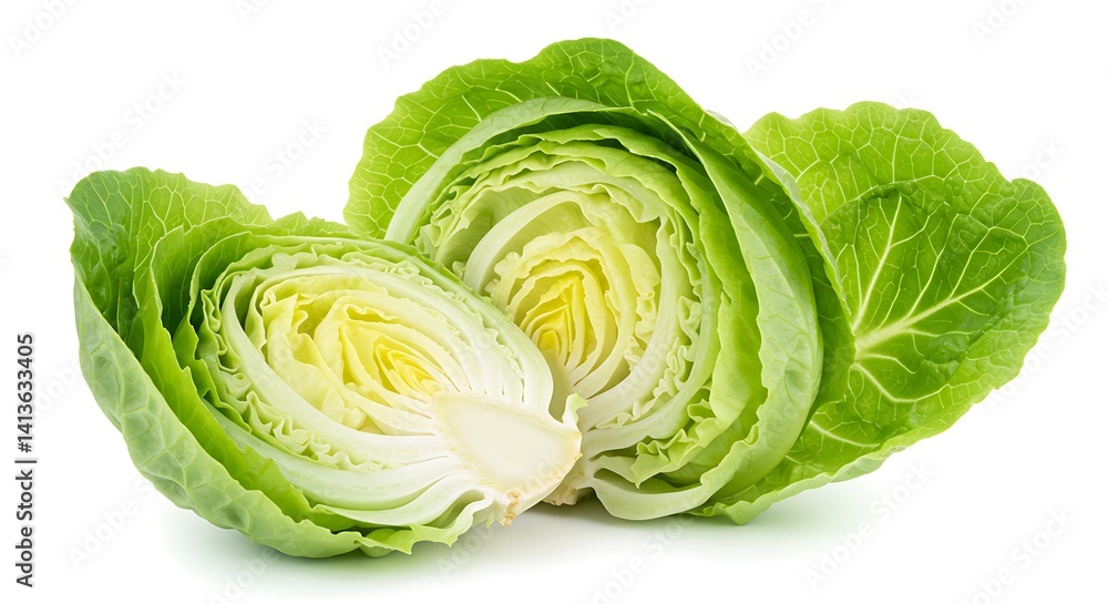 Fototapeta premium Iceberg lettuce with open leaves, on a white illuminated background