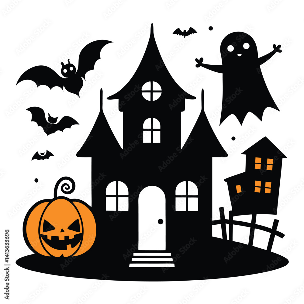 Spooky Halloween Illustration with Haunted House Bats Ghost and Pumpkin Spooky Halloween Illustration with Haunted House Bats Ghost and Pumpkin