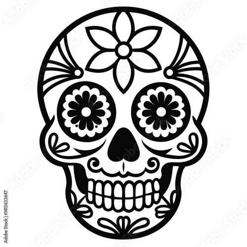 Ornate Black and White Sugar Skull Design for Dia de los Muertos