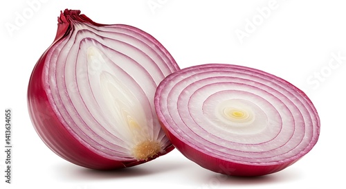 Red onion cut in half showing the rings, isolated on white