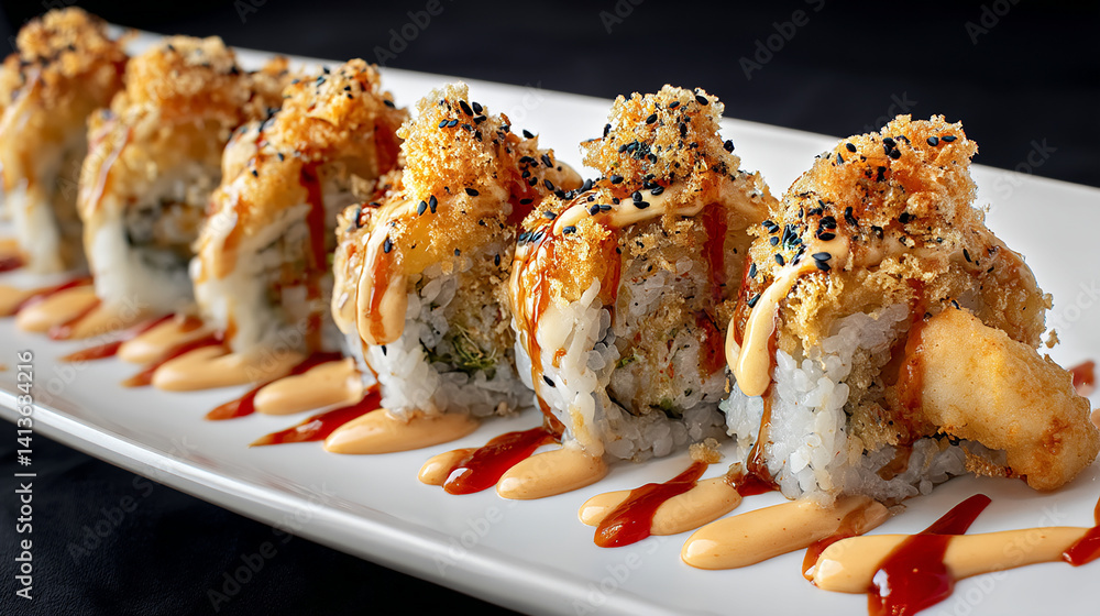 Shrimp tempura sushi roll with spicy mayo drizzle Shrimp tempura sushi roll with spicy mayo drizzle