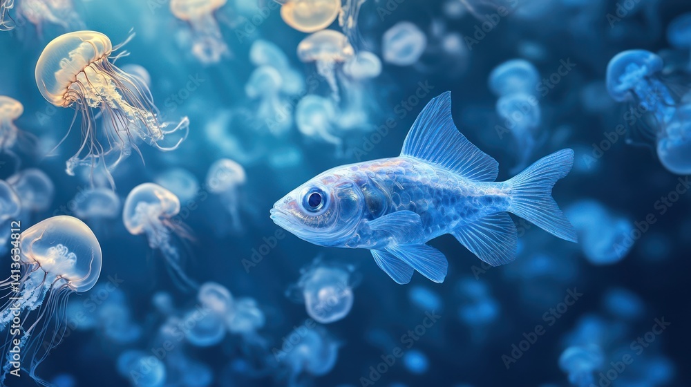 Naklejka premium Dreamy underwater scene with a glowing fish amidst a swirl of jellyfish