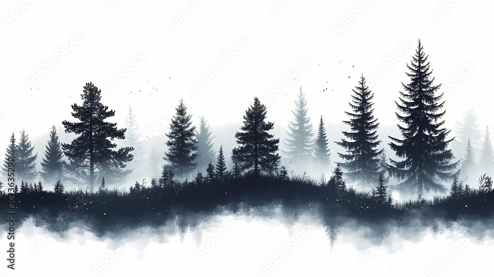 Fototapeta premium Serene Forest Silhouette: Atmospheric Pine Landscape in Misty Wilderness