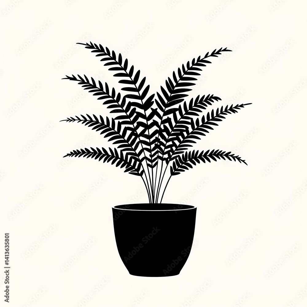 Fototapeta premium Elegant Black and White Fern Illustration: Modern Style Potted Plant Vector Art for Interior Design and Home Decor