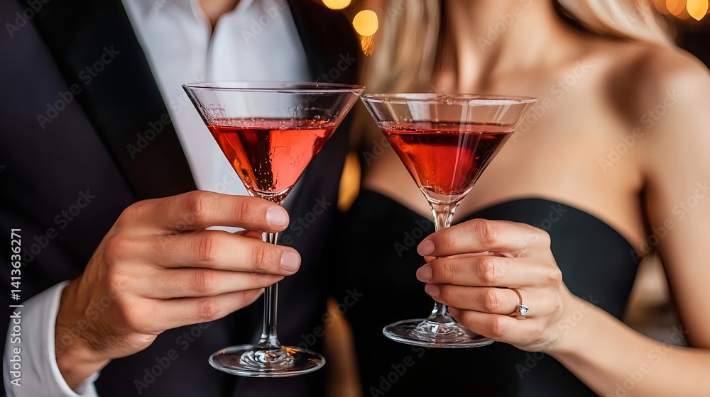 Elegant Couple Celebrating with Cocktails at a Lavish Party Elegant Couple Celebrating with Cocktails at a Lavish Party