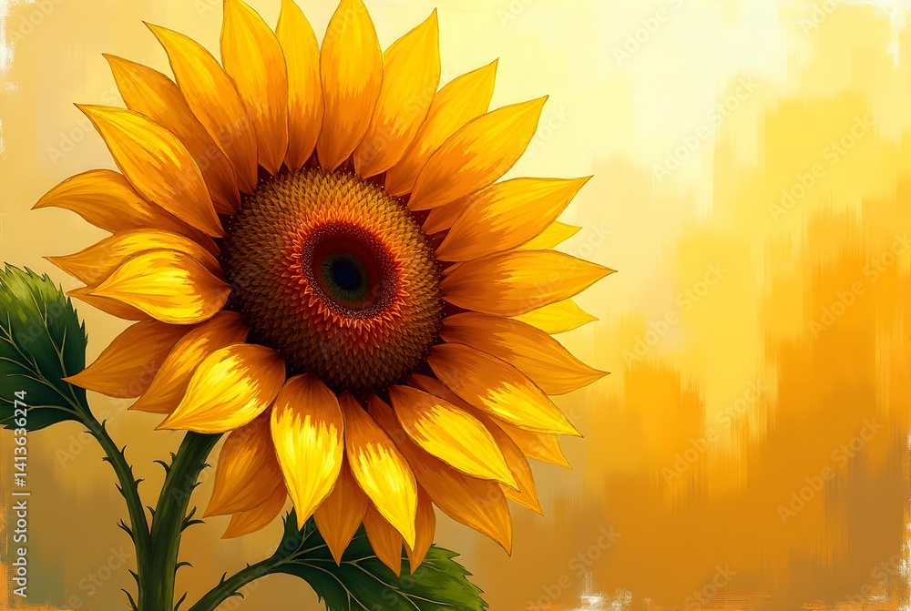 Obraz premium Realistic Sunflower on Warm Yellow Background_Symbol of Hope, Summer, and Positivity for Nature-Inspired Art and Floral Design Concepts.