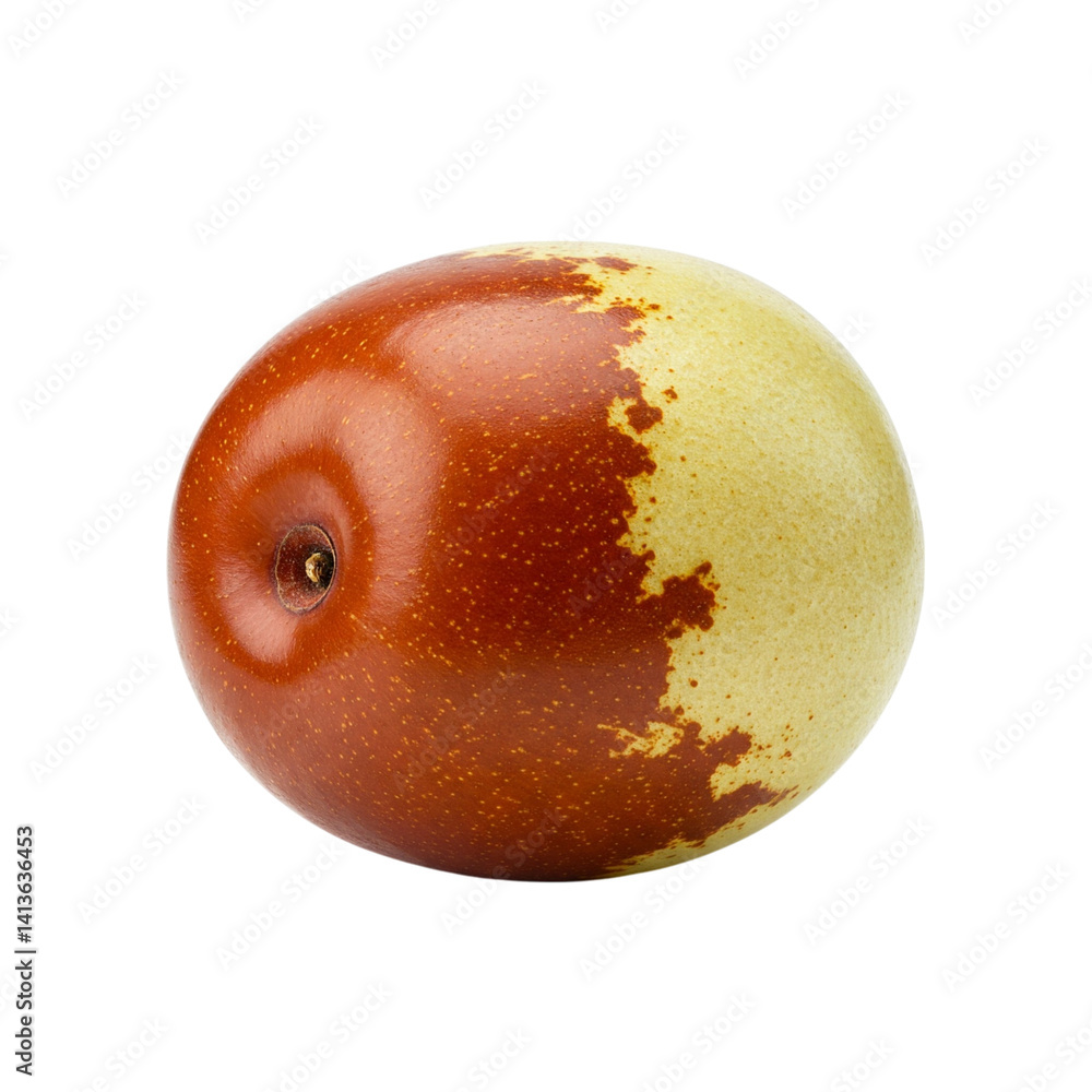 Fototapeta premium A vibrant jujube, showcasing its rich reddish-brown and pale yellow hues, sits invitingly against a stark white background.