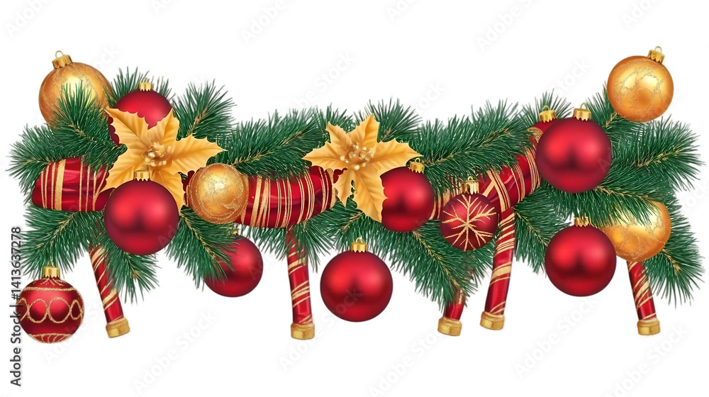 Festive Christmas Garland Illustration With Red Gold Baubles and Ribbons Festive Christmas Garland Illustration With Red Gold Baubles and Ribbons