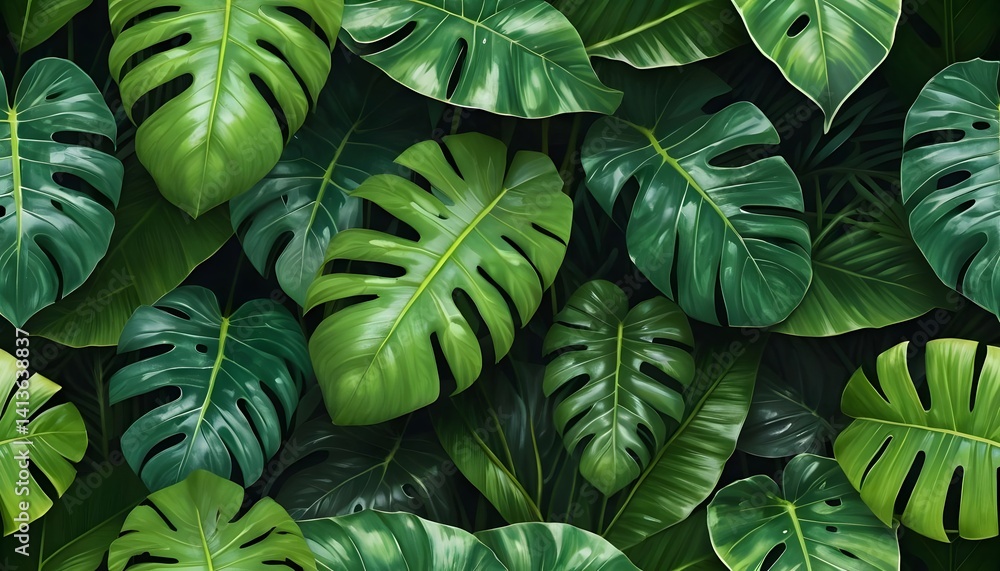 Fototapeta premium Lush green monstera leaves tropical rainforest nature photography close-up high-resolution vibrant aesthetic for eco-friendly designs