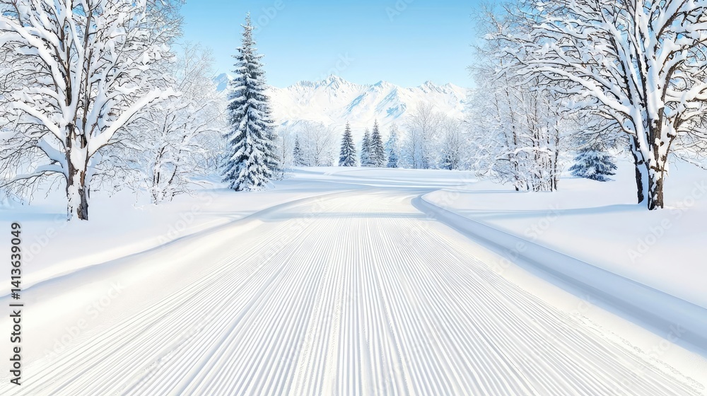 Obraz premium Snowy road winter landscape tranquil nature scene peaceful holiday background